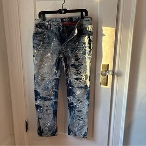 Switch Destroyed splattered Faded Mens Blue Jeans Size 32x30 Y2K Moto Grunge